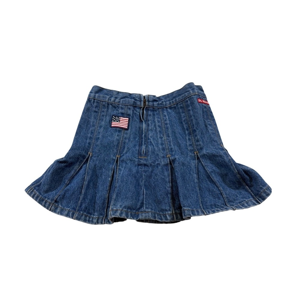 U.S. Polo Assn. Denim Mini Skirt S Blue Pleated American Flag Patch Y2K Preppy